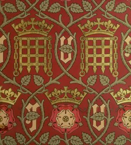 Tudor Rose, reproductie behang ontworpen door S. Scott en geproduceerd door Cole & Sons, naar een ontwerp van Augustus Charles Pugin (1762-1832) voor het Parlement, 1845-50 door English School